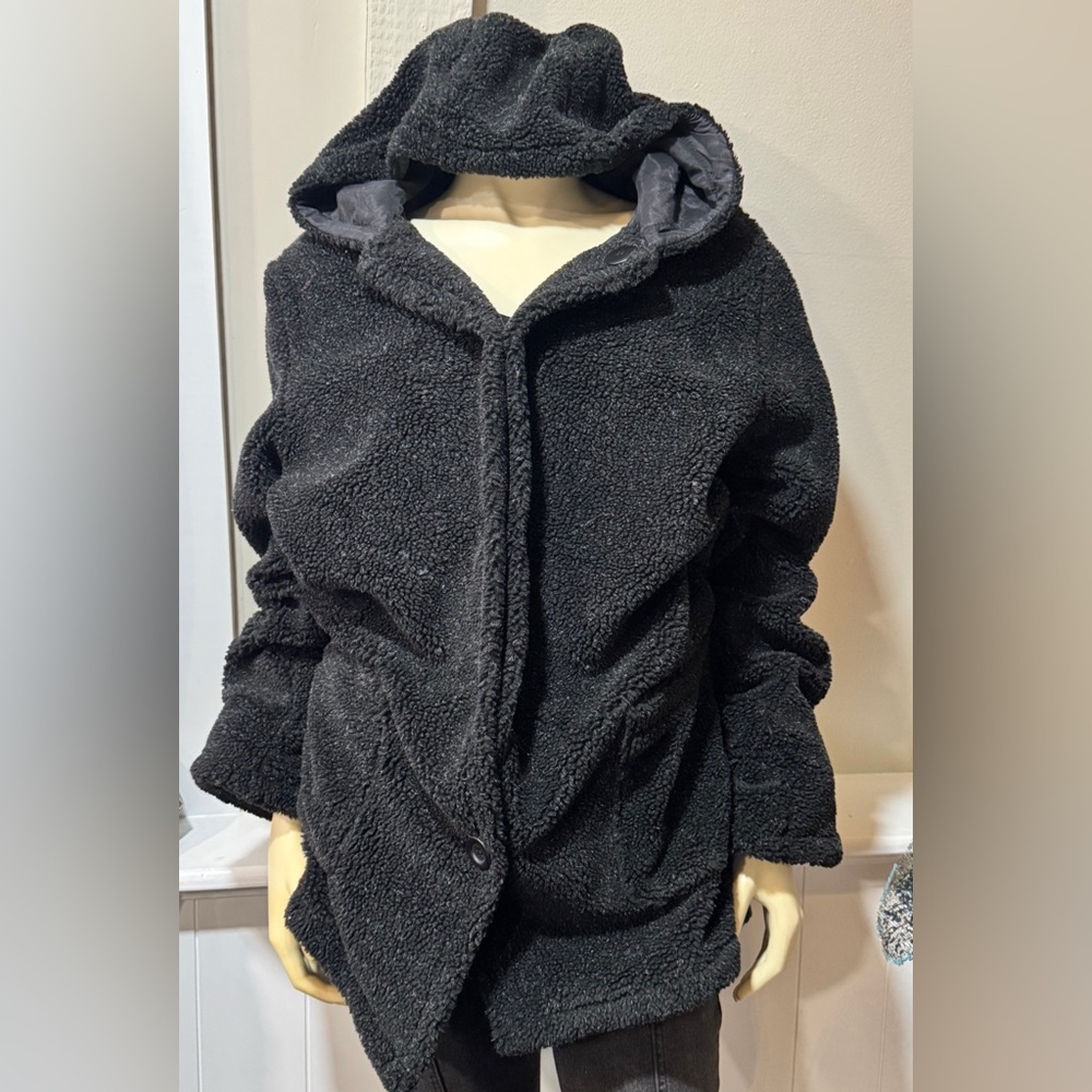 All American Comfort Black Hooded Sherpa Teddy Coat L
